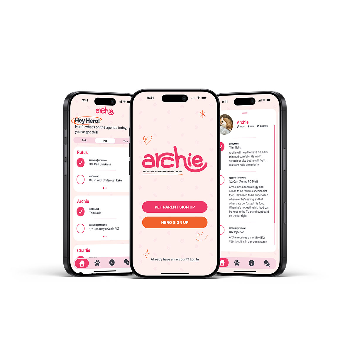 3 screens of the Archie App mocked up on iPhone screens