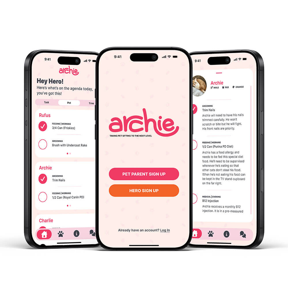 mockup of three screens of the Archie petsitting app