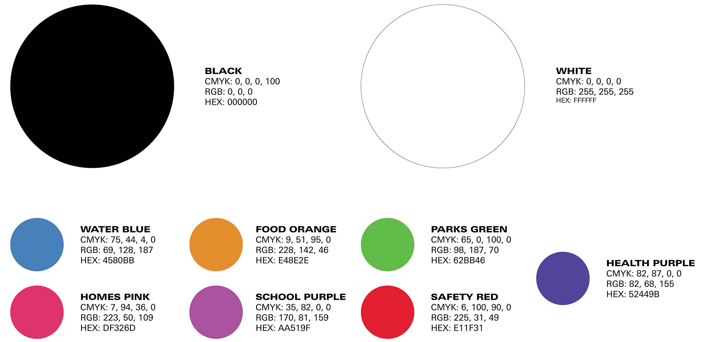 A colour palette with black, white, purple, green, blue, orange, yellow and red.