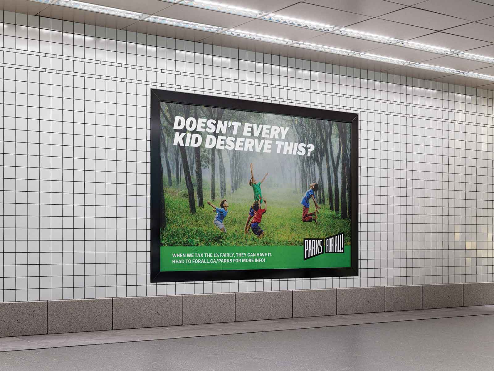 Mockup of subway ad advocating for community parks