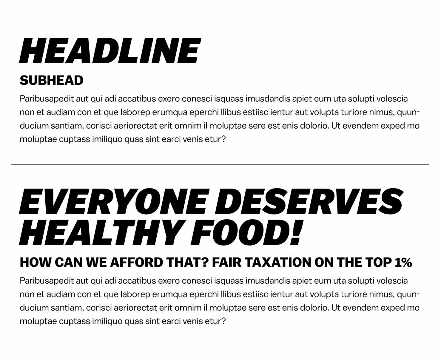 Typographic heirarchy for For All showing headline, subhead and body copy.