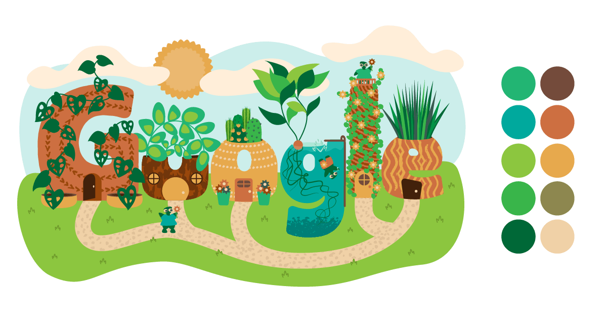 Google Doodle with small swatches of the colour palette next to it.
