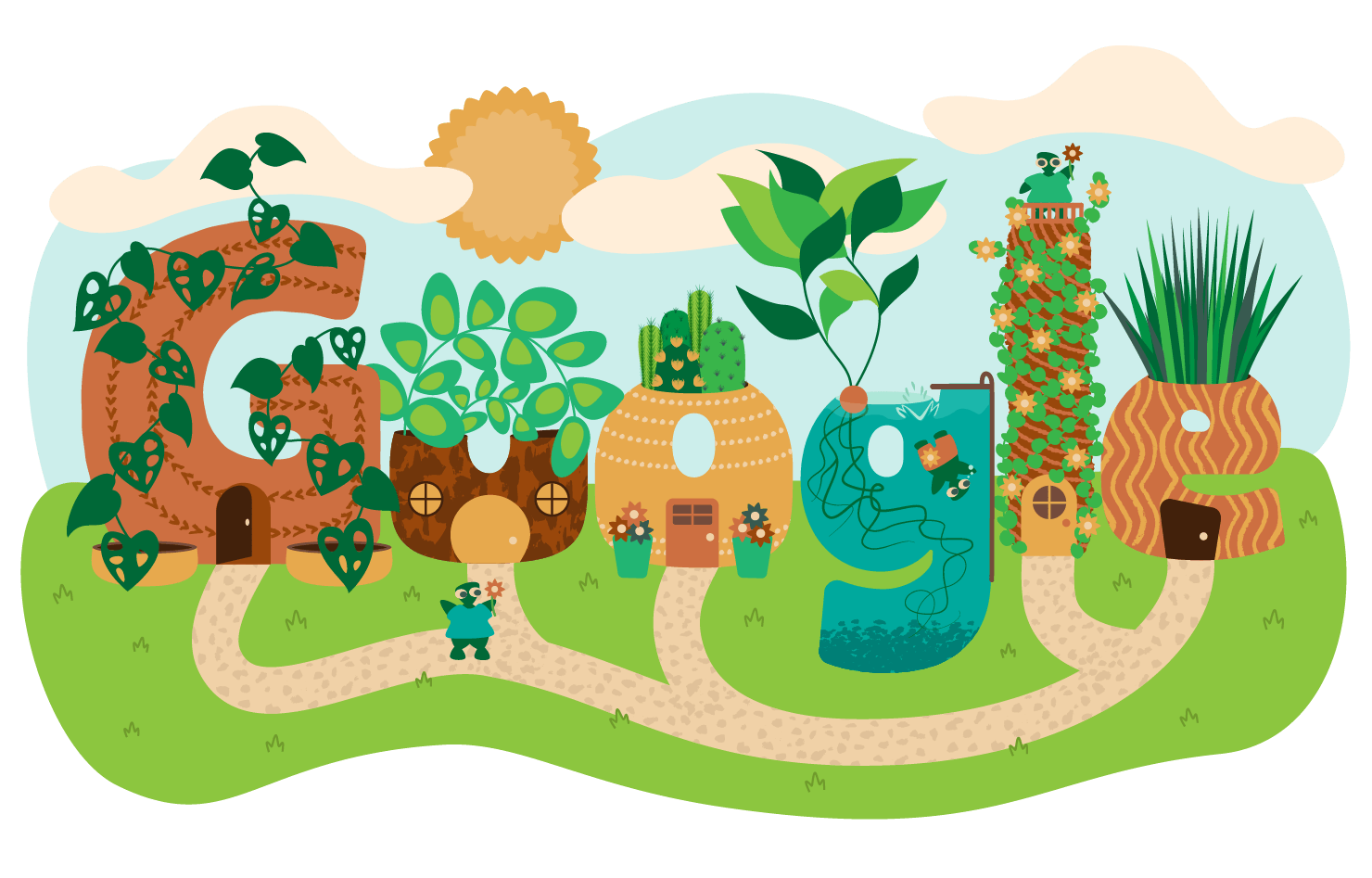 Google Doodle with each letter turned into a plant pot and plants growing out of the top.
