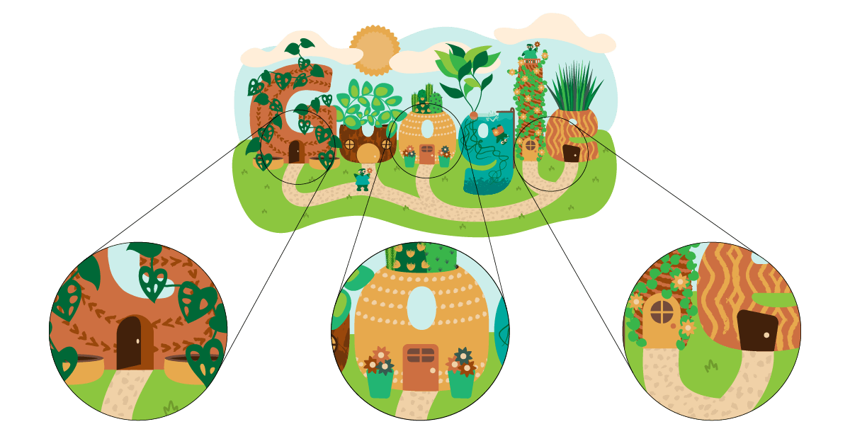 Zoom in windows highlight details from the illustration that create a house vibe.