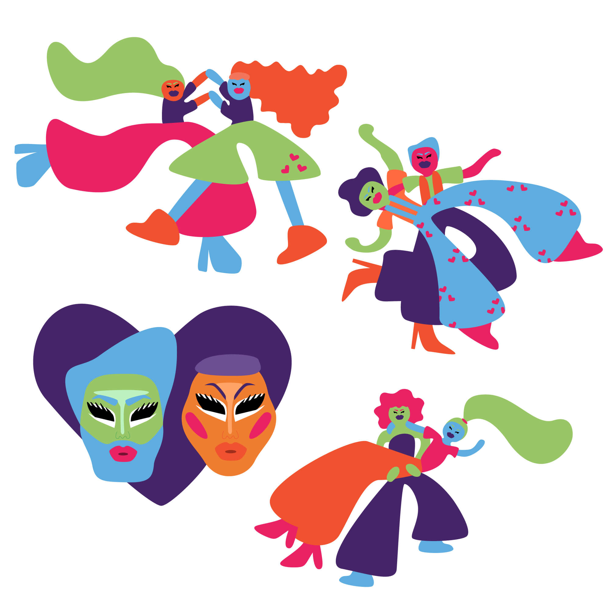 Illustrated characters representing different queer identities