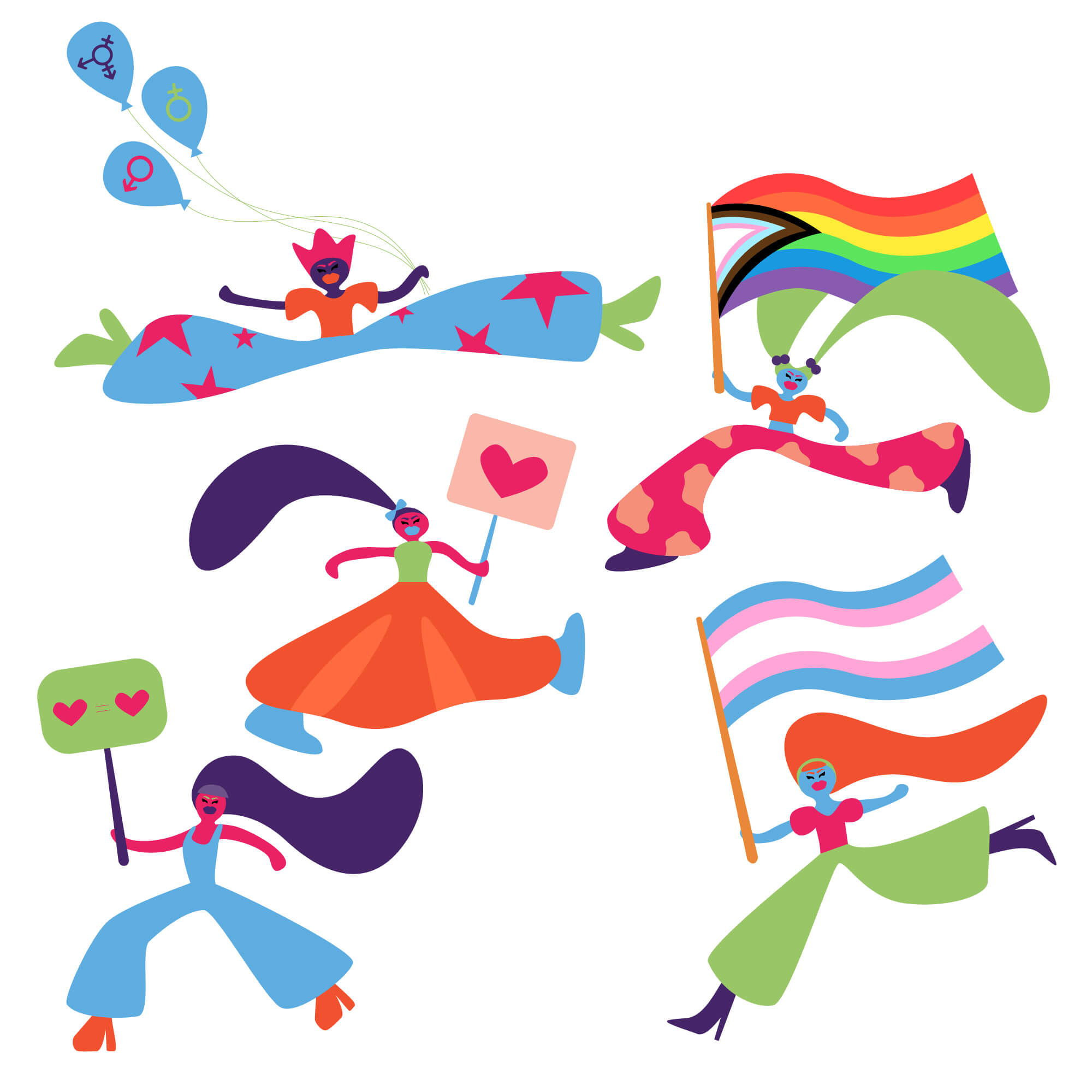 Illustrated characters carrying different queer protest symbols