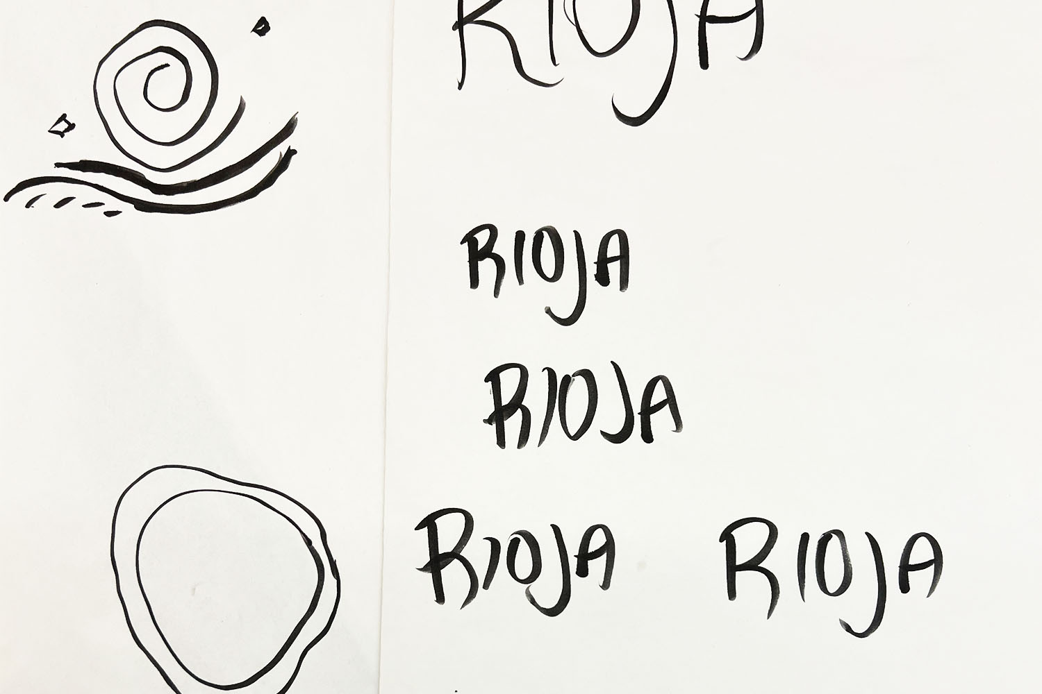 Various doodles of the word Rioja in brush hand lettering