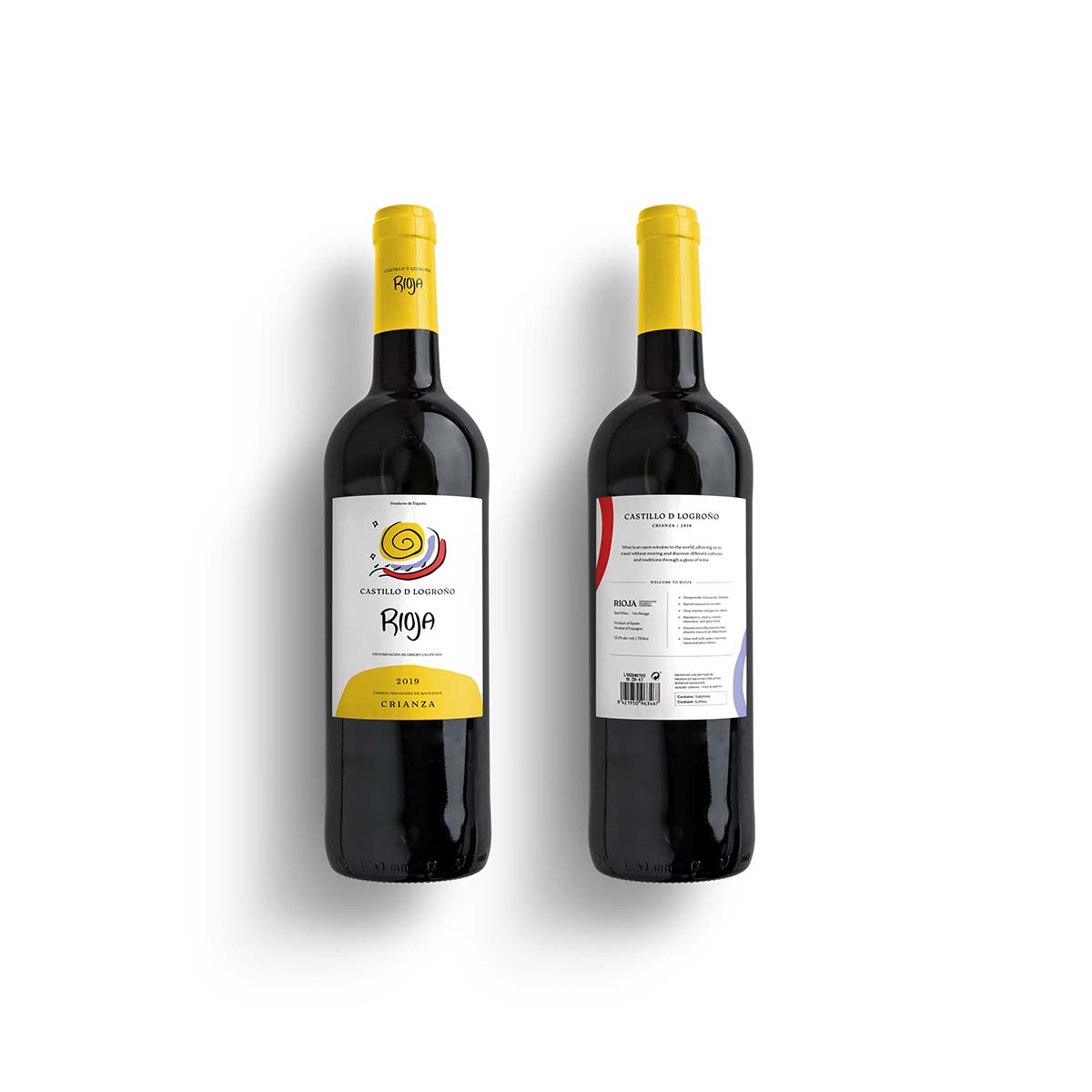 mockup of the redesigned Castillo de Logrono Rioja label on the wine bottle